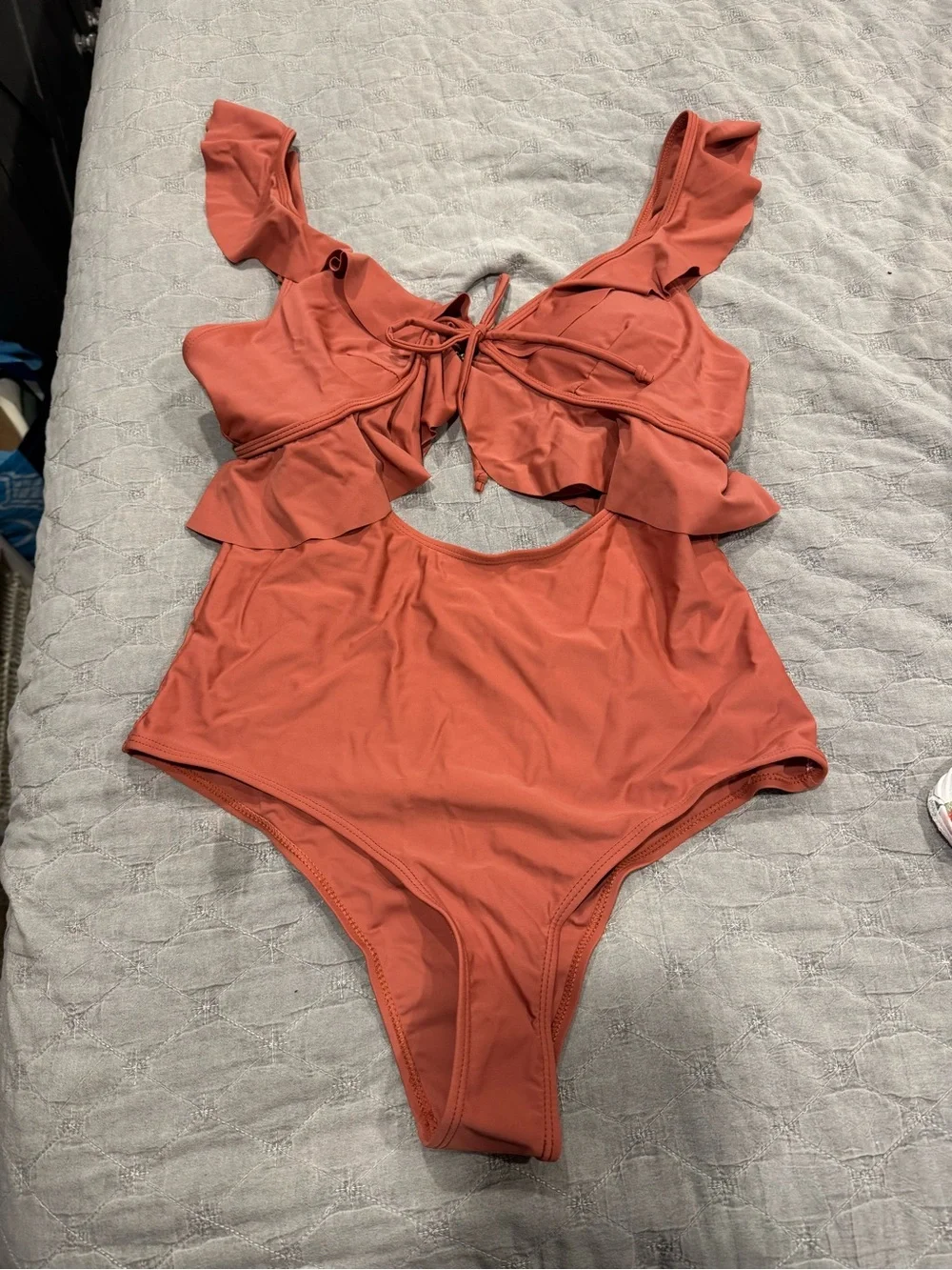 Junior girls One-Piece Swimsuit in Terracotta with Ruffle Detail